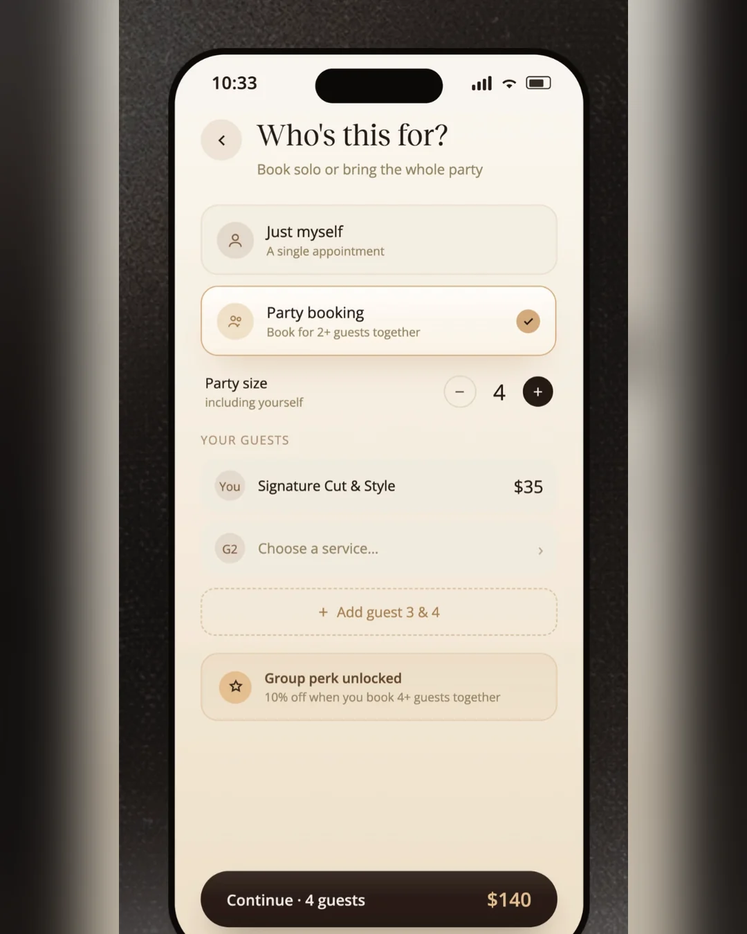 The Appts party-booking screen — “Who’s this for?” — on a phone over a dark ground