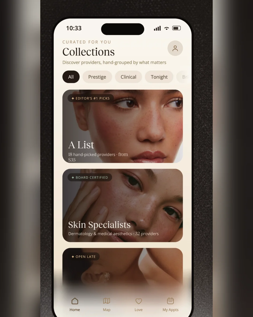 The Appts Collections screen on a phone over a dark ground