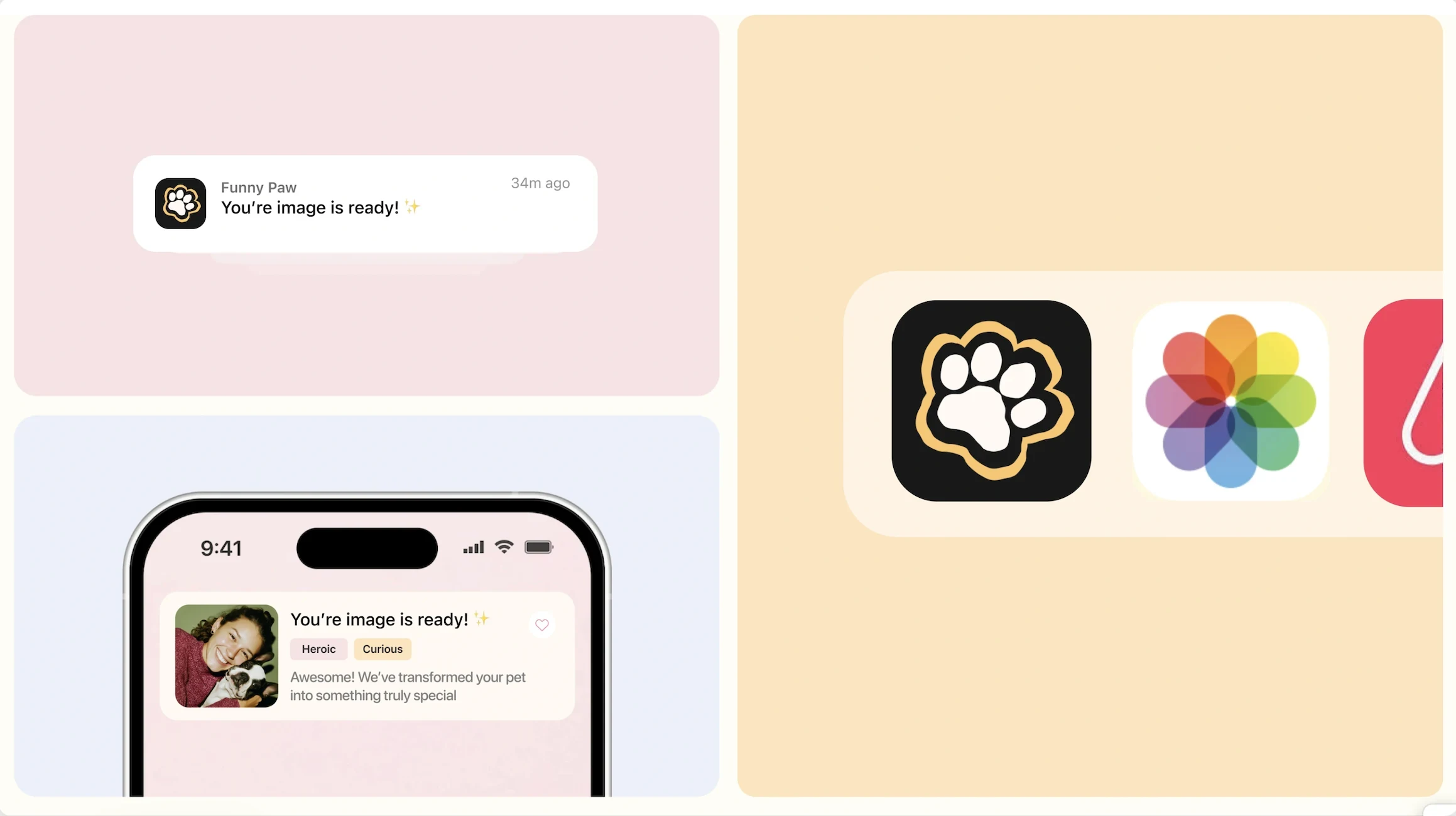 Brand system — the Funny Paw app icon and a push notification saying the pet image is ready