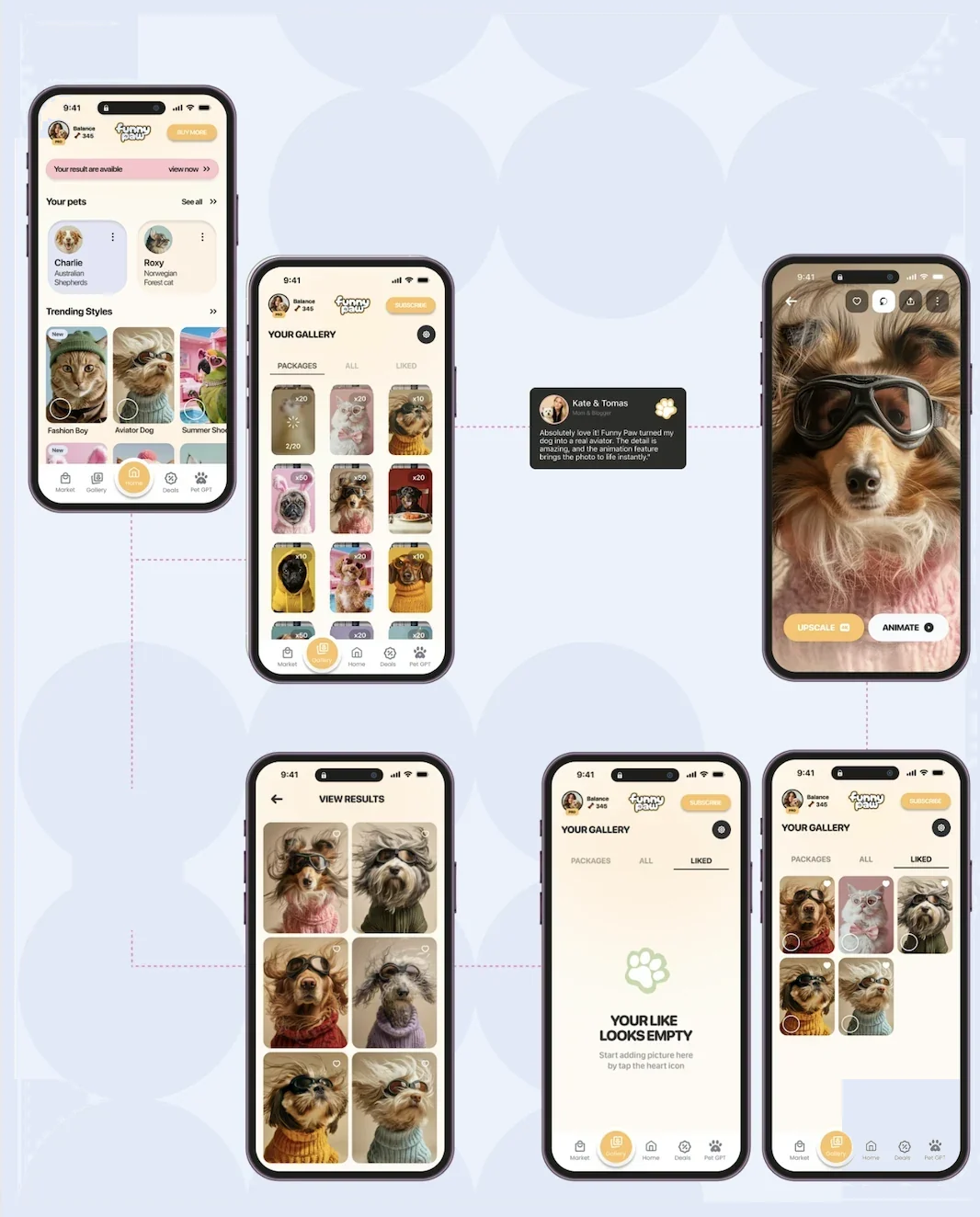 Funny Paw gallery — the home feed, packages, generated results, upscale and animate, and liked collections