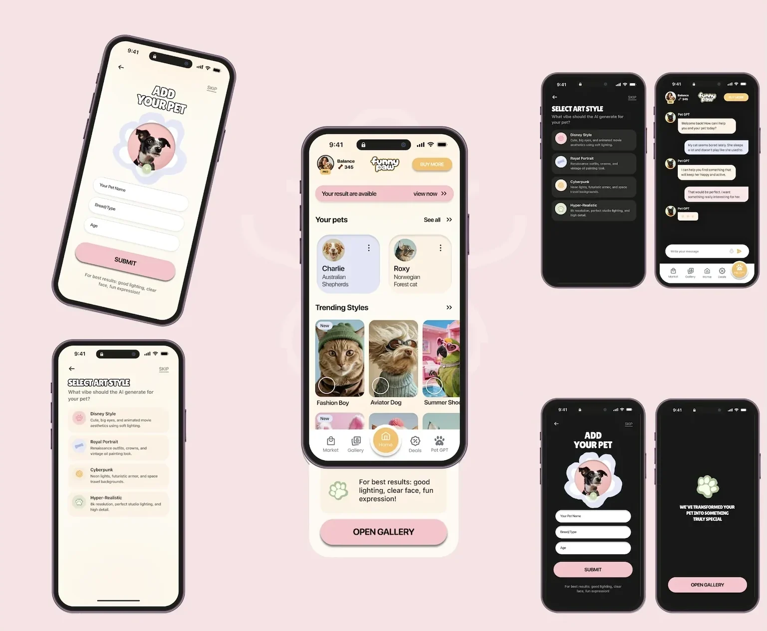 Funny Paw core screens — Add Your Pet, Select Art Style, the home feed and Pet GPT chat