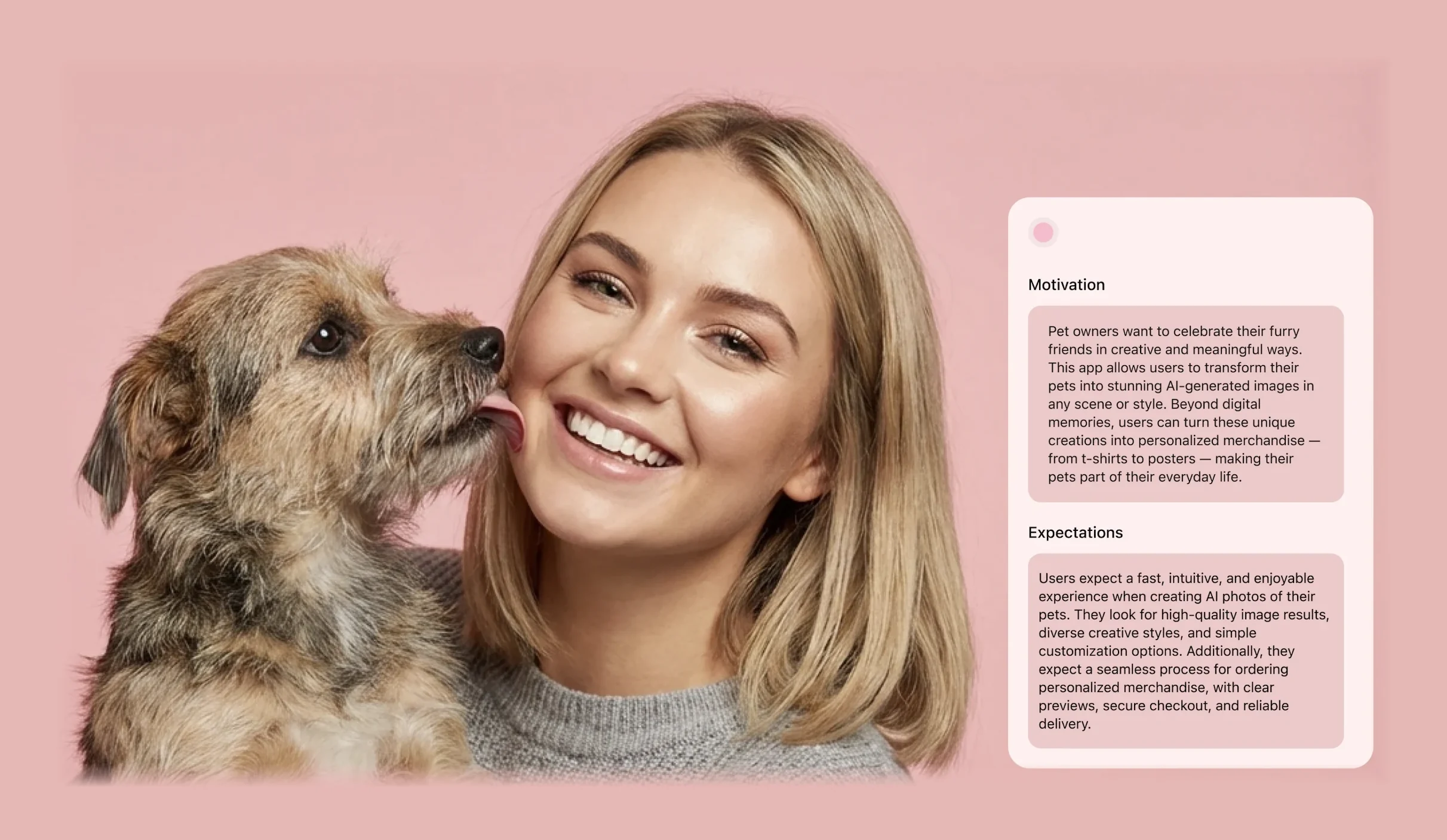 User persona — a smiling owner with her dog, beside the motivation and expectations of Funny Paw users