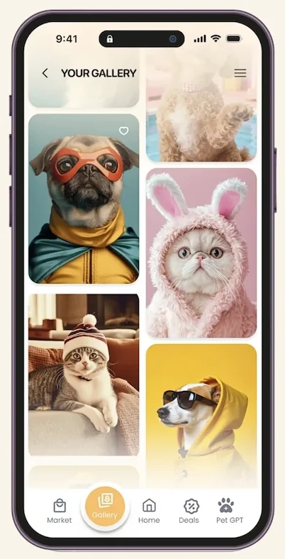 Funny Paw app — Your Gallery screen with the bottom navigation
