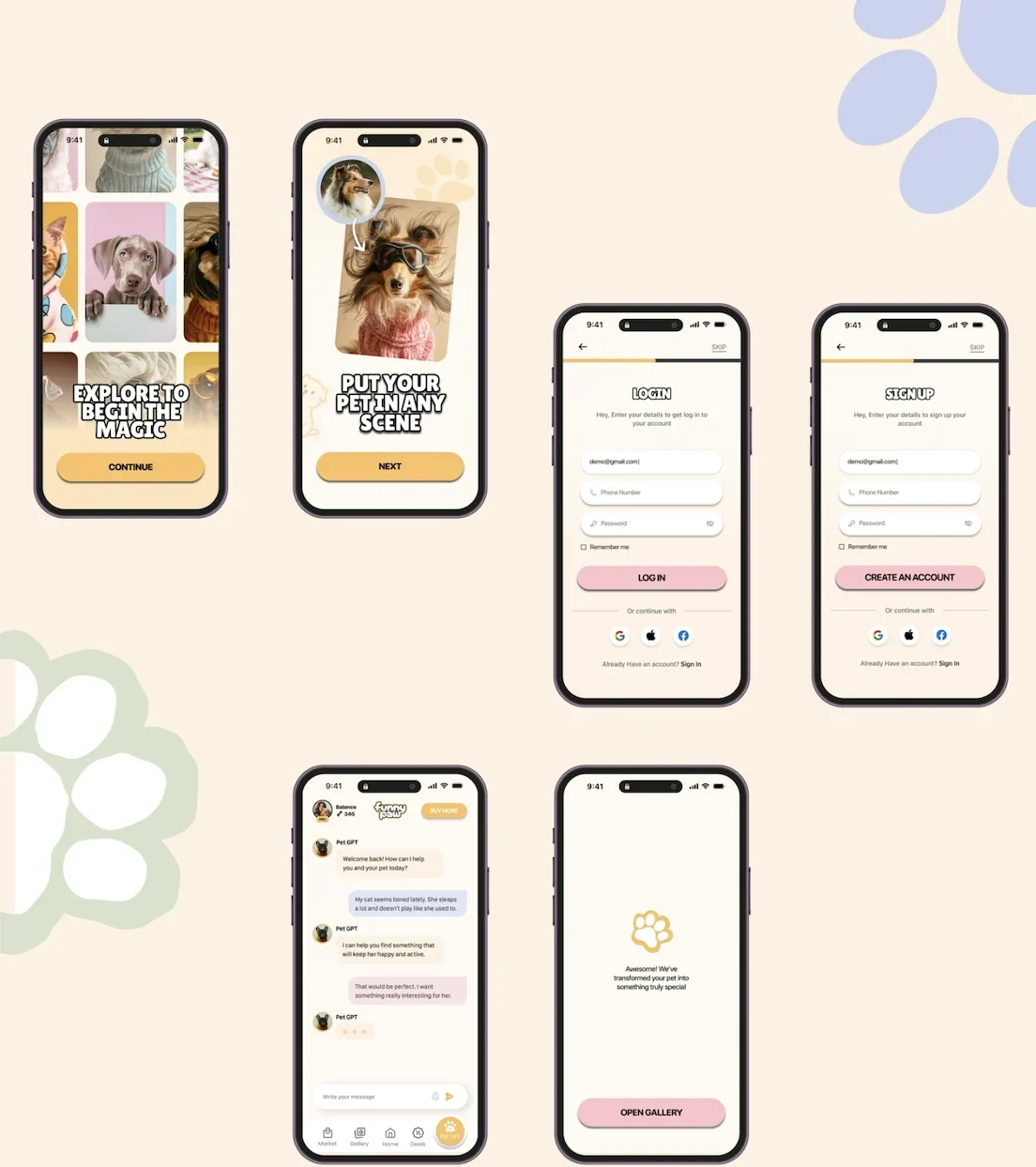 Funny Paw onboarding — explore, put your pet in a scene, log in, sign up, chat and the success screen