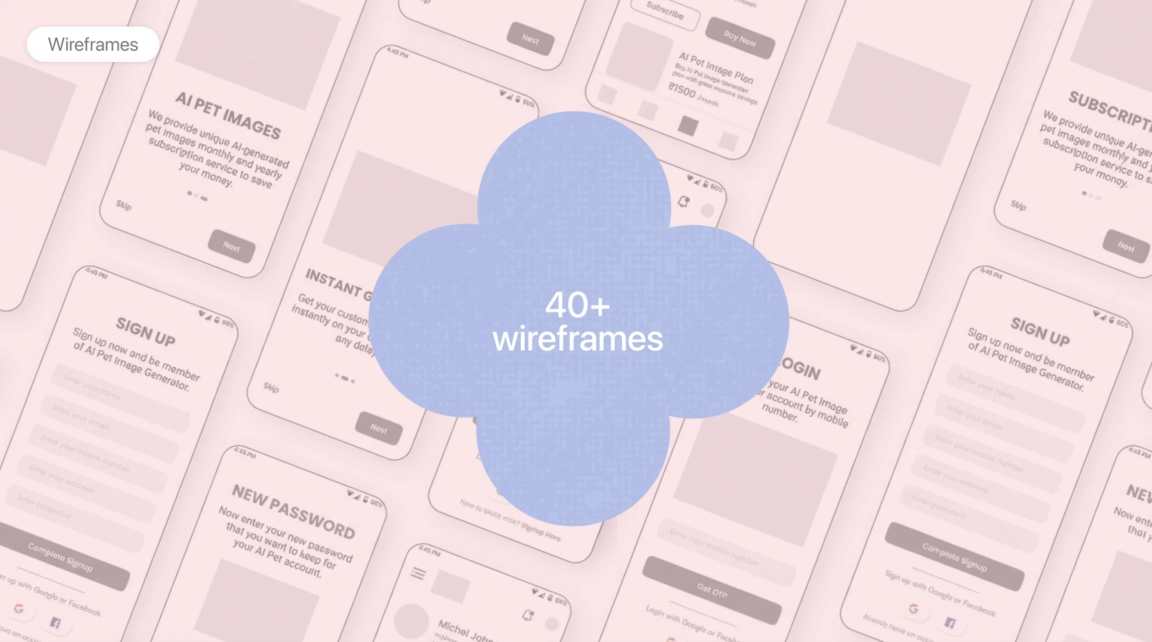 A field of 40+ low-fidelity wireframes for the Funny Paw app